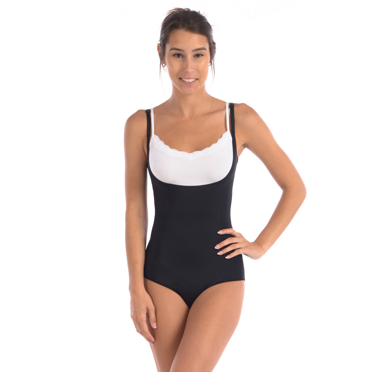 Wear Your Own Bra Bodysuit Shaper With Targeted Double Front Panel Black -