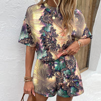 Thumbnail for Printed Round Neck Dropped Shoulder Half Sleeve Top and Shorts Set - 2 PCS. - T - 1 PATTERN -