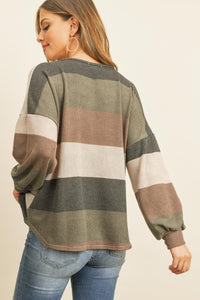 Thumbnail for Riah Fashion - Rib Multicolor Stripes V-Neck Puff Sleeves Top - 3 COLORS -