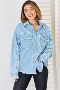 Thumbnail for PEACE Raw Hem Dropped Shoulder Denim Top - T - 2 COLORS -