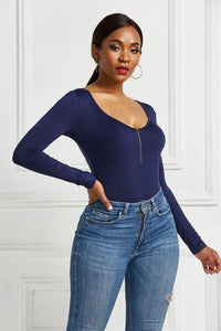 Thumbnail for Half Zip Scoop Neck Long Sleeve Bodysuit - T - 10 COLORS -