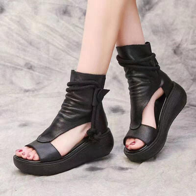 Faux Leather Open Toe Wedge Sandals - T - 2 COLORS -