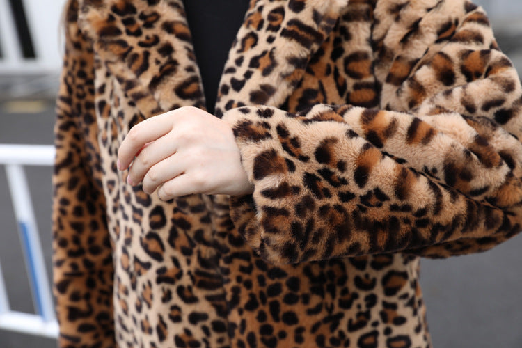 Sharon Tatem - Faux Fur - Leopard Print - Rabbit Tailored Collar - Warm Thick X-Long Coat Long Sleeve Jacket -