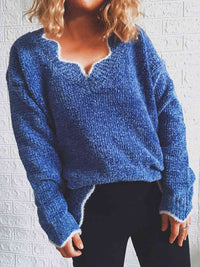 Thumbnail for Notched Dropped Shoulder Long Sleeve Sweater - T - 5 COLORS -