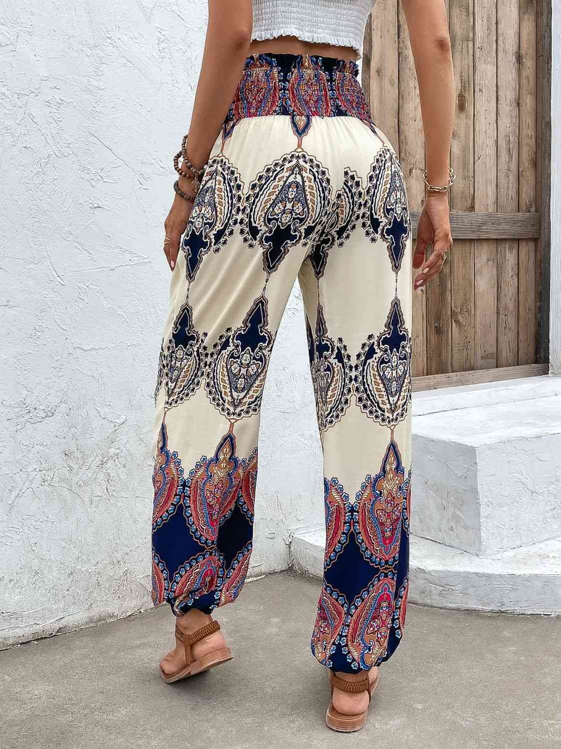 Printed Smocked High Waist Pants - Beach or Everyday - T - 1 COLOR -