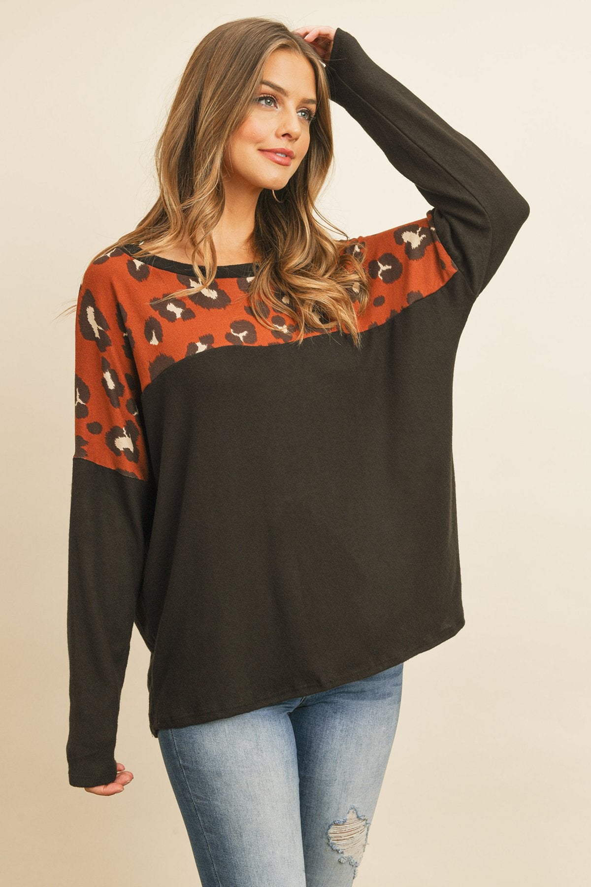 Riah Fashion - Long Sleeve Leopard Contrast Hacci Brushed Top - 3 COLORS -