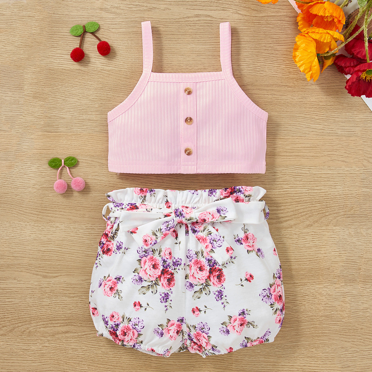 Decorative Button Tank and Floral Shorts Set - 2 PCS. - T - 2 COLORS -