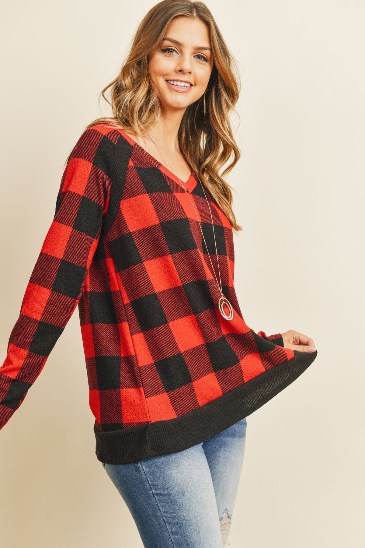 Riah Fashion - Checker Plaid V-Neck Long Sleeve Top - 2 COLORS -