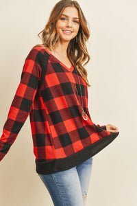 Thumbnail for Riah Fashion - Checker Plaid V-Neck Long Sleeve Top - 2 COLORS -