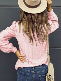 Thumbnail for Eyelet V-Neck Long Sleeve Blouse - T - 7 COLORS -