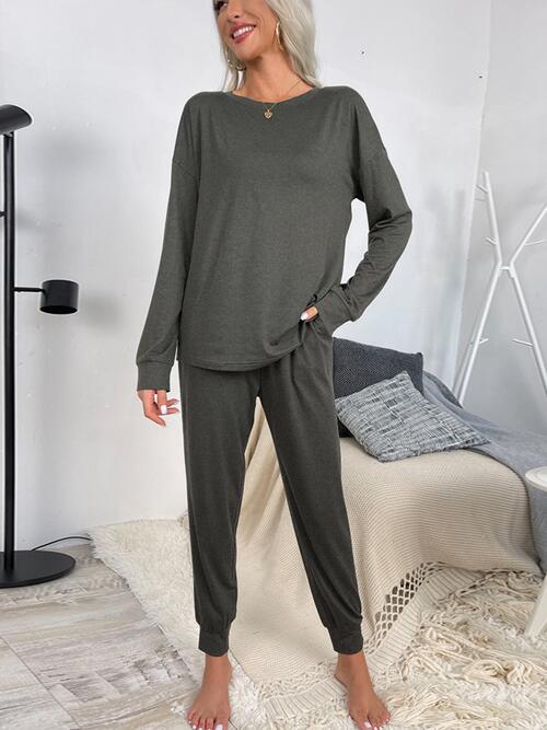 Round Neck Top and Drawstring Pants Lounge Set - 2 PCS. - T - 4 COLORS -