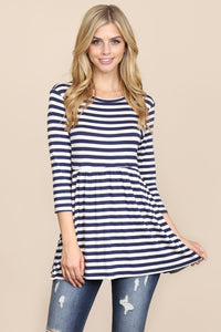 Thumbnail for Riah Fashion - Quarter Sleeve Babydoll Striped Tunic - 7 COLORS -