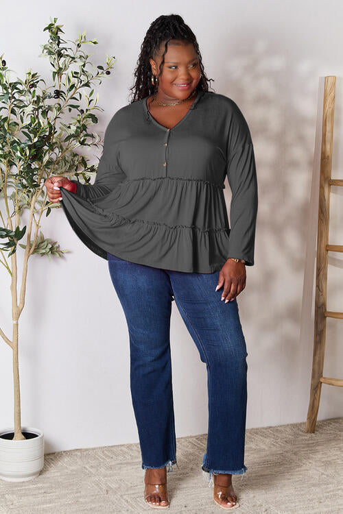 Double Take Half Button Long Sleeve Ruffle Hem Blouse - SIZES S THRU 3XL - T - 7 COLORS -