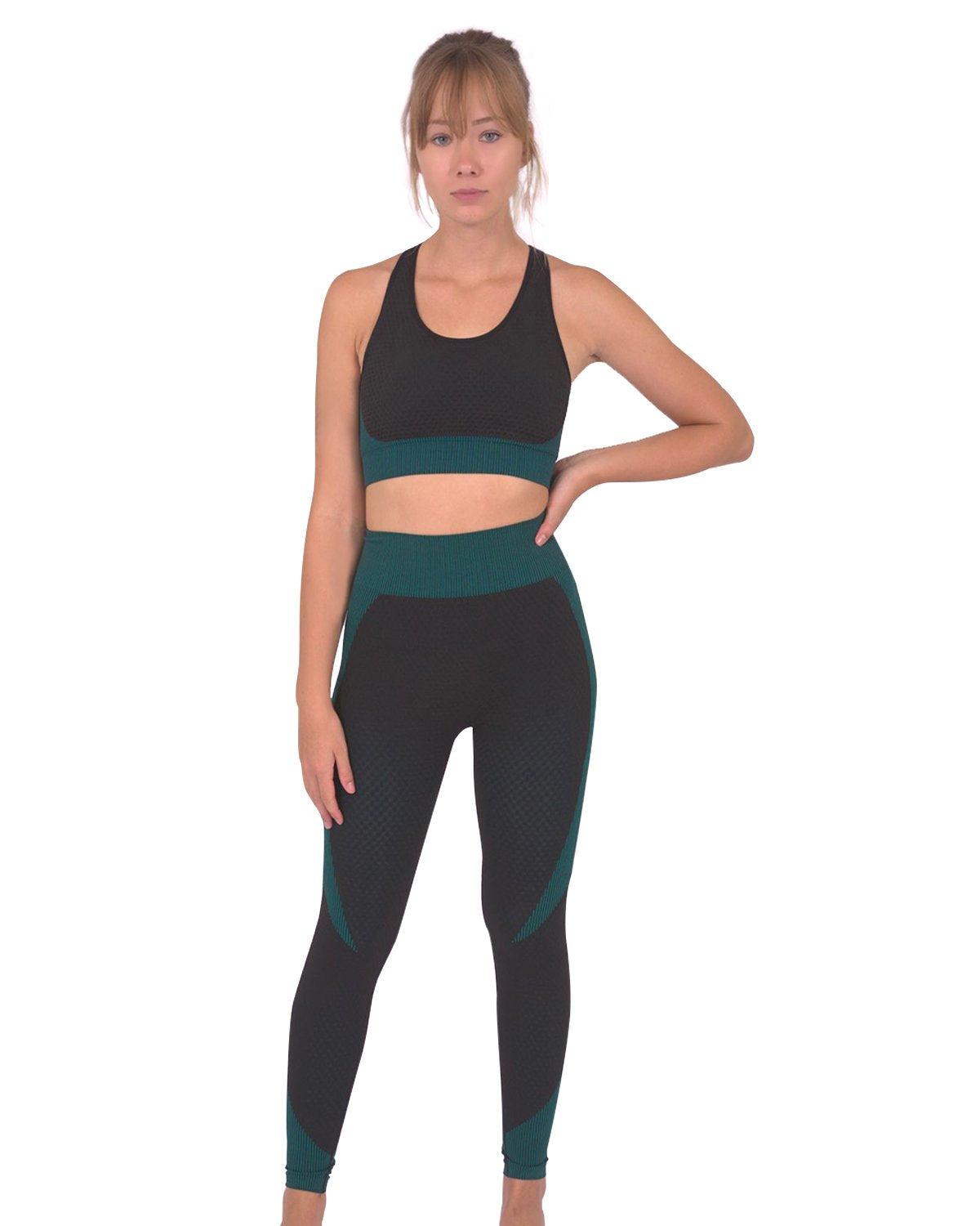 Savoy - Trois Seamless Leggings & Sports Top 2 Set - Black With Teal Blue - 2 PCS - 1 COLOR -