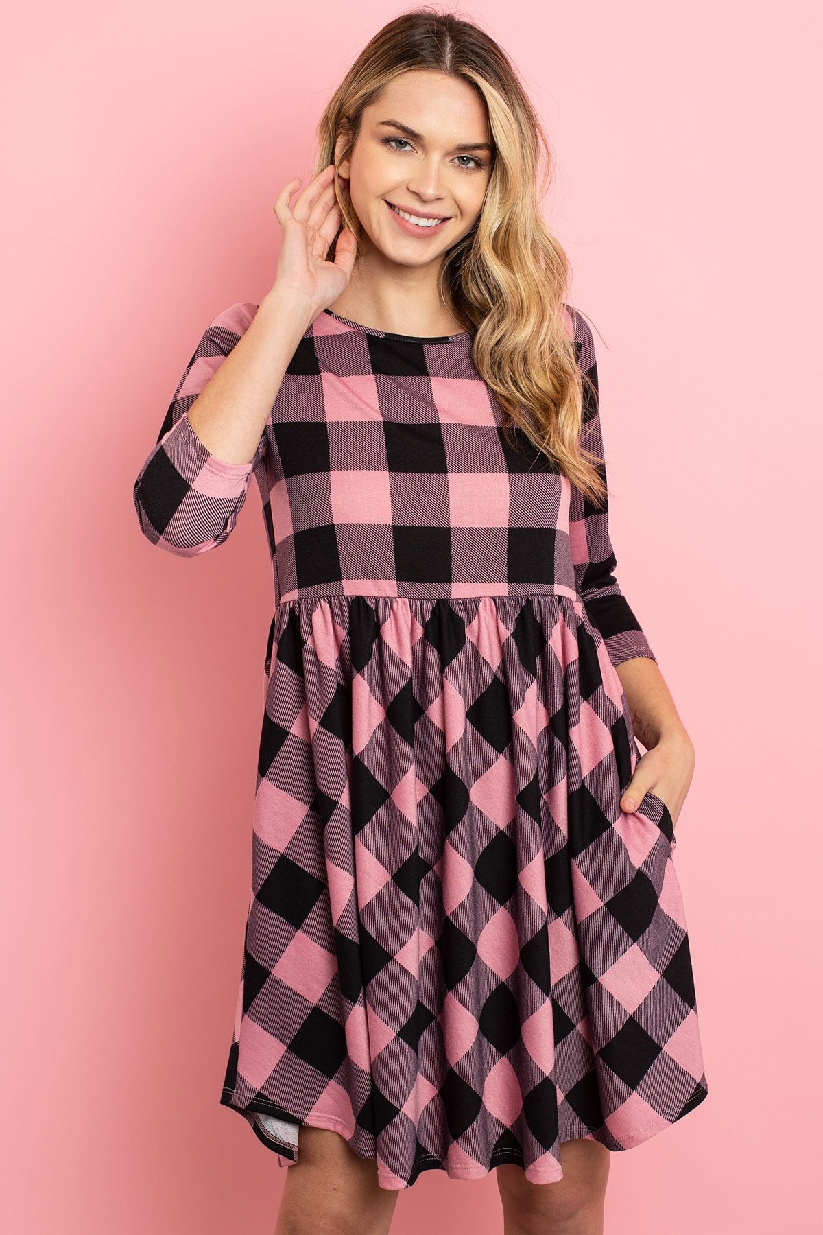 Riah Fashion - Cinch Waist Quarter Sleeves Plaid Dress - 3 COLORS -