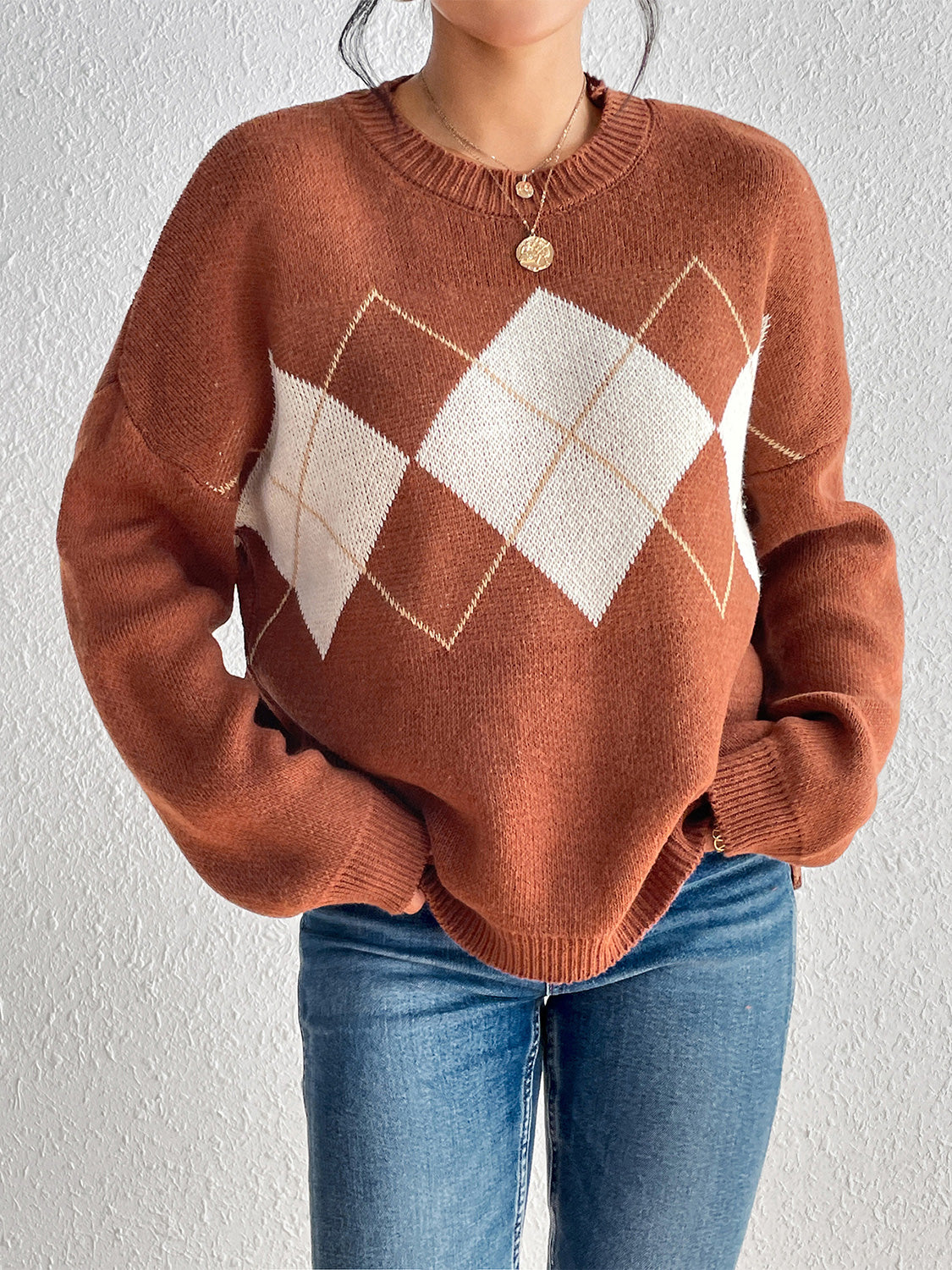 Geometric Dropped Shoulder Sweater - T - 1 COLOR -