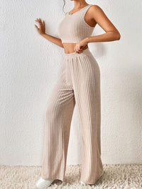 Thumbnail for Ribbed Round Neck Tank and Pants Cropped Sweater Set - 2 PCS. - T - 5 COLORS -