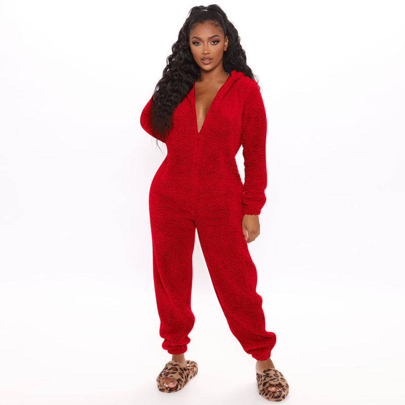 Long Sleeve Hooded Casual Jumpsuit Pants Plush Loungewear - K - 7 COLORS -