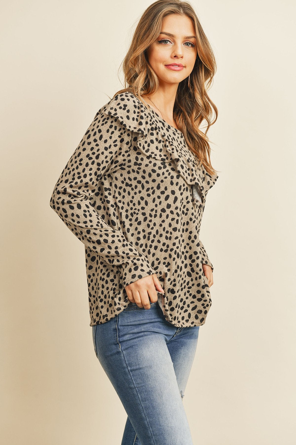 Riah Fashion - Brushed Hacci Leopard V-Shaped Ruffle Detail Top - 3 COLORS -