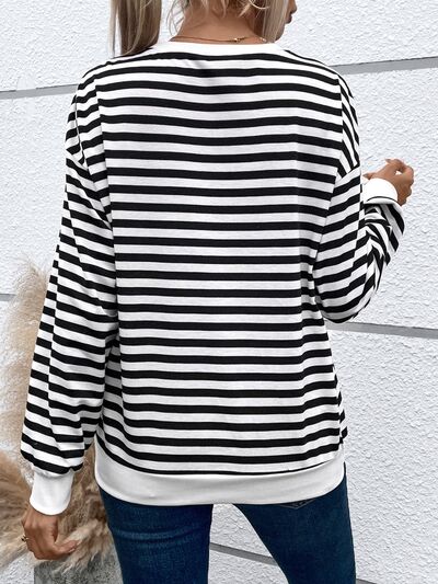 Heart Patch Striped Round Neck Long Sleeve Sweatshirt - T - 1 COLOR -