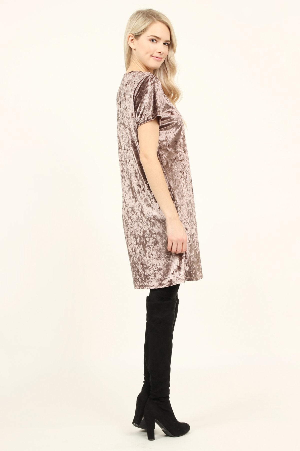 Riah Fashion - Short Sleeve Crushed Velvet Tunic Dress - 11 COLORS -