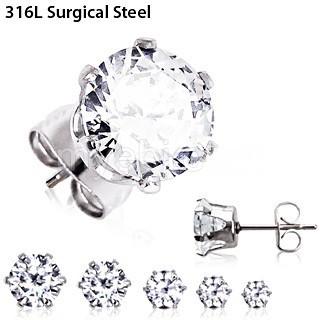 Pair of 316L Surgical Steel Clear Round CZ Stud Earrings -