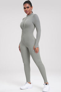 Thumbnail for Zip Up Ribbed Long Sleeve Skinny Active Jumpsuit - T - 2 COLORS -