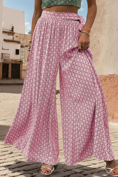 Printed Tied Wide Leg Pants - T - 3 COLORS -