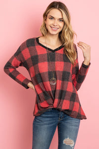 Thumbnail for Riah Fashion - Brushed V-Neck Plaid Long Sleeve Knot Top - 2 COLORS -