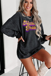 Thumbnail for Sequin Mardi Gras Embroidered Round Neck Sweatshirt - T - 1 COLOR -