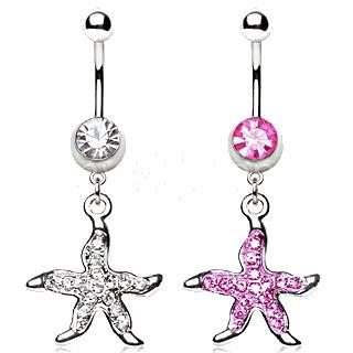 Surgical Steel Navel Ring With Starfish Dangle - 2 COLORS