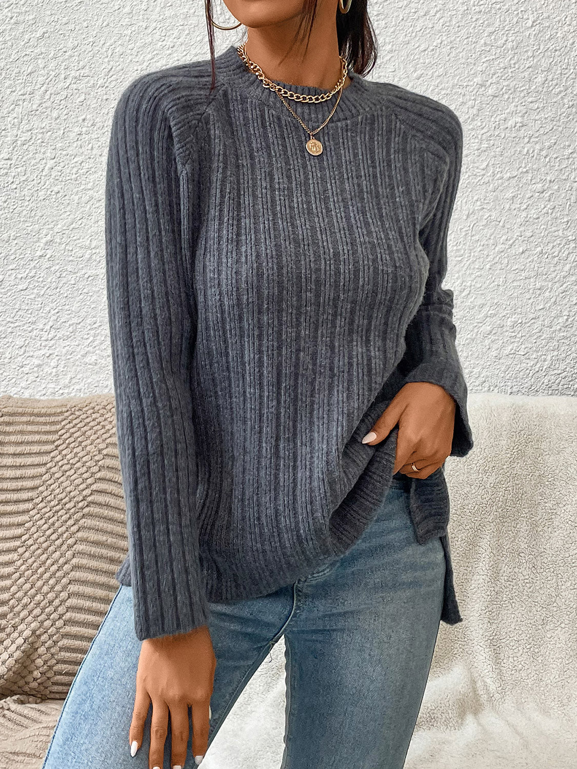 Round Neck Ribbed Raglan Sleeve Sweater - T - 1 COLOR -