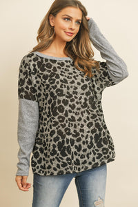 Thumbnail for Riah Fashion - Hacci Brushed Contrast Sleeves Boat Neck Leopard Top - 2 COLORS -