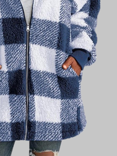 Plaid Zip-Up Hooded Jacket with Pockets - T - 7 COLORS -