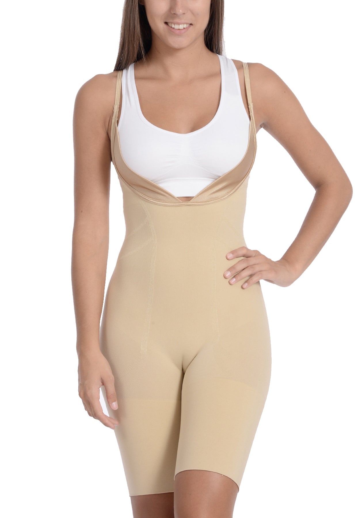 Seamless "Wear Your Own Bra" Bodysuit Shaper With Extra Long Boyleg Nude -