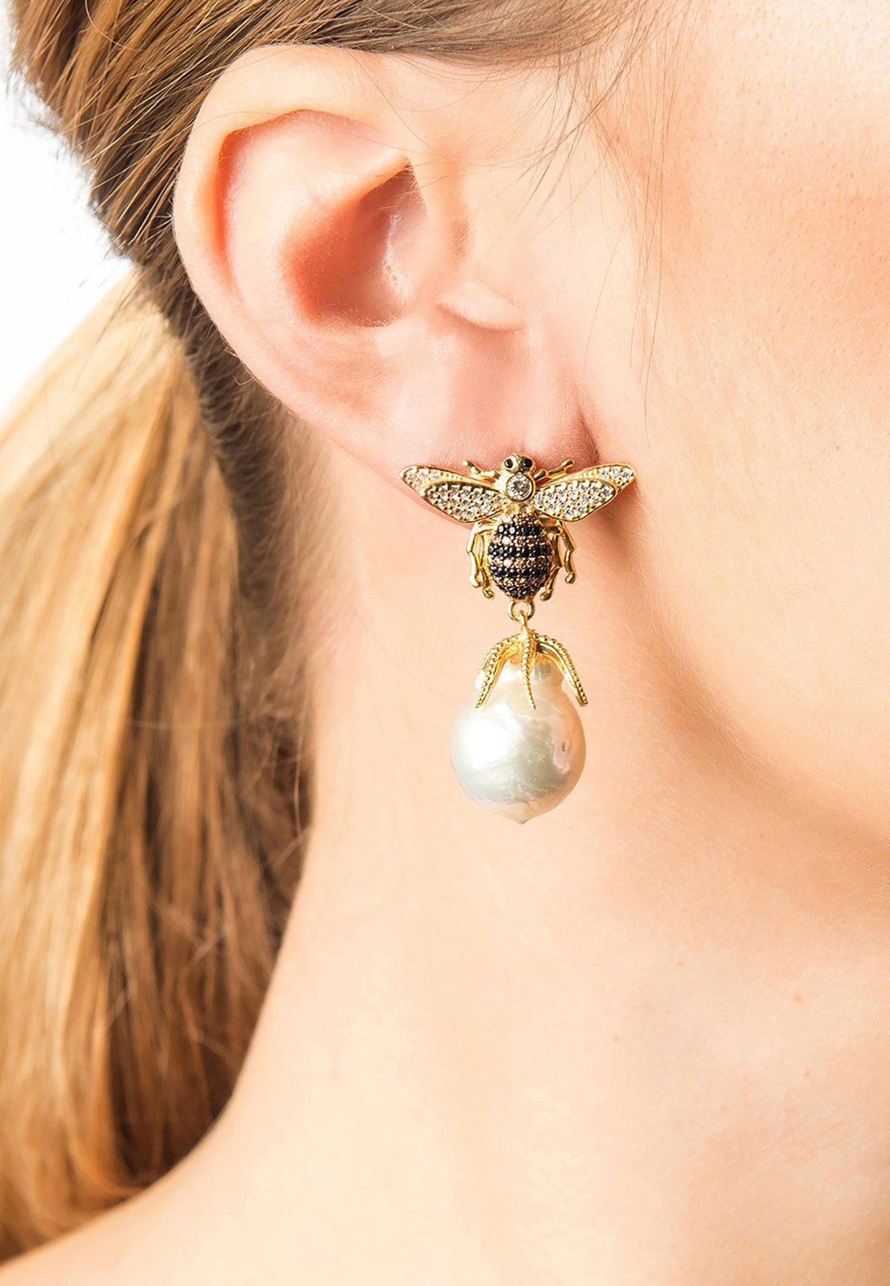 LATELITA - Baroque Pearl Honey Bee Drop Earrings Gold -