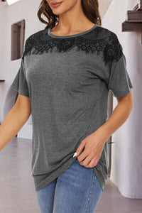 Thumbnail for Lace Detail Round Neck Short Sleeve T-Shirt - T - 4 COLORS -