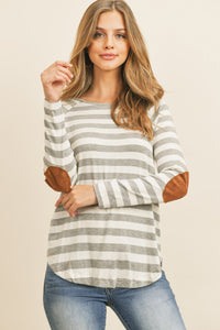 Thumbnail for Riah Fashion - Elbow Suede Patch Striped Tunic - 6 COLORS -