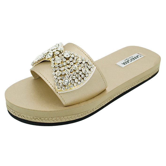 SAND BY SAYA N.Y. - Madison - Crystal Stones Bow - Waterproof Espadrille Flat Slide Sandals for Women - 3 COLORS -