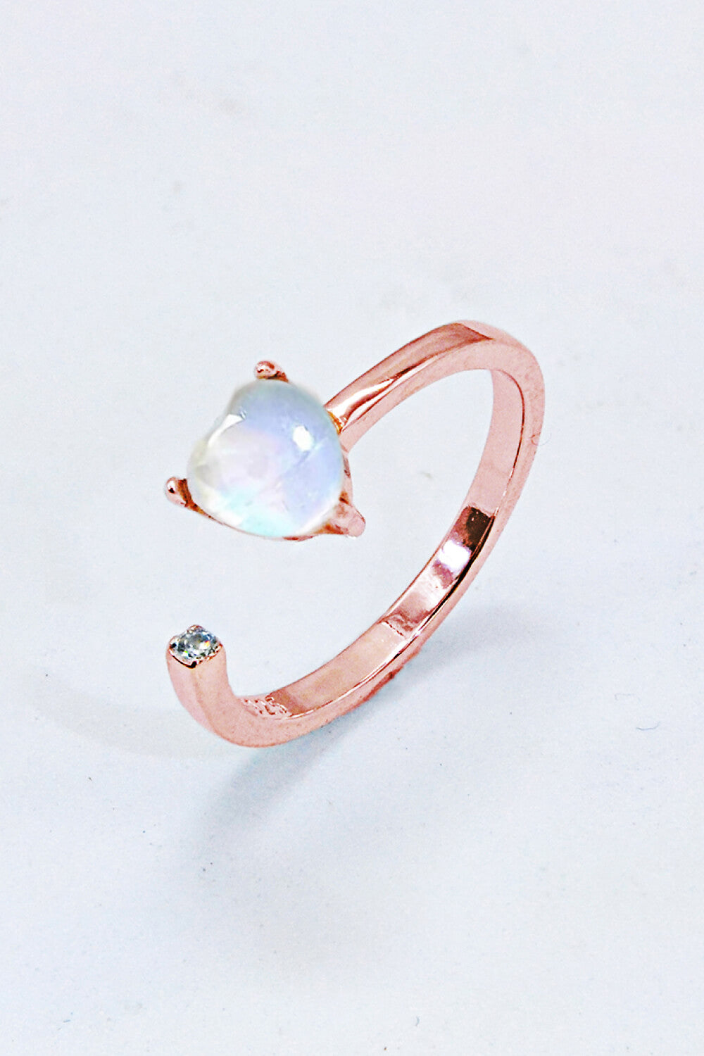 Inlaid Moonstone Heart Adjustable Open Ring - T - 1 SIZE FIT - 2 FINISHES -