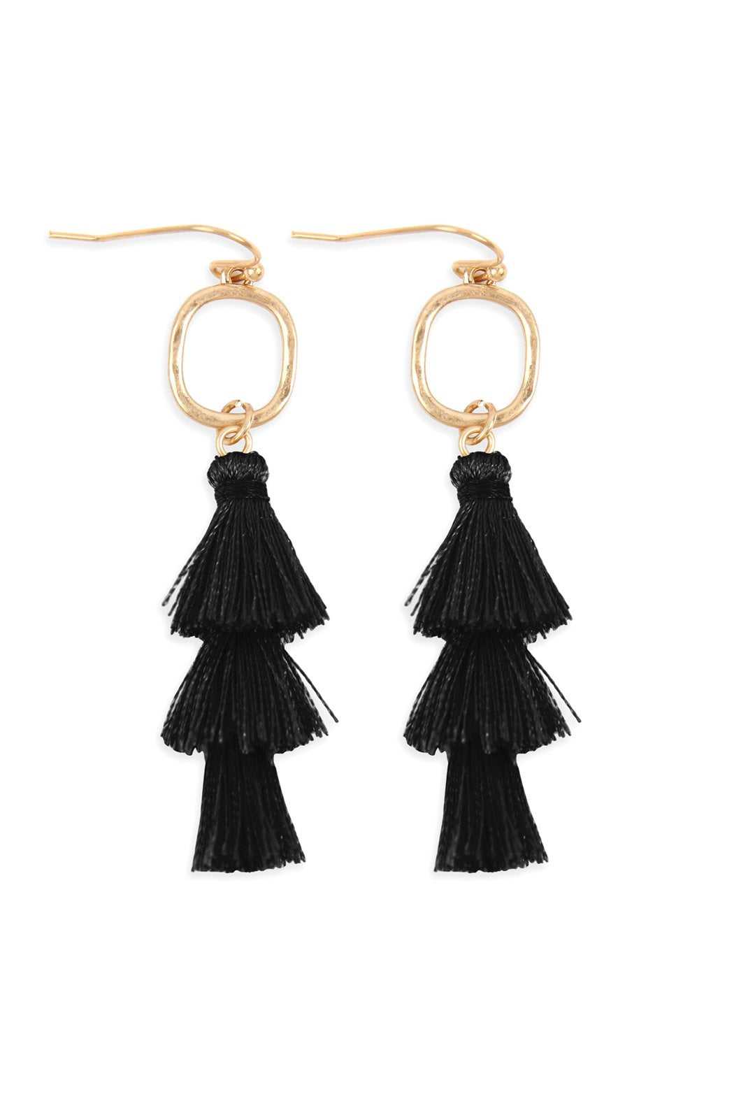 Three Drop Tassel With Metal Hook Earrings - 11 COLORS -