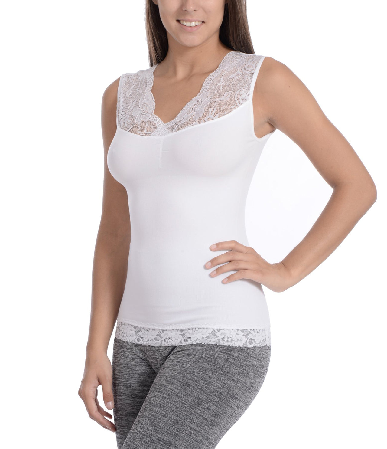 Seamless Shaping Tank Top With Lace Detail White -