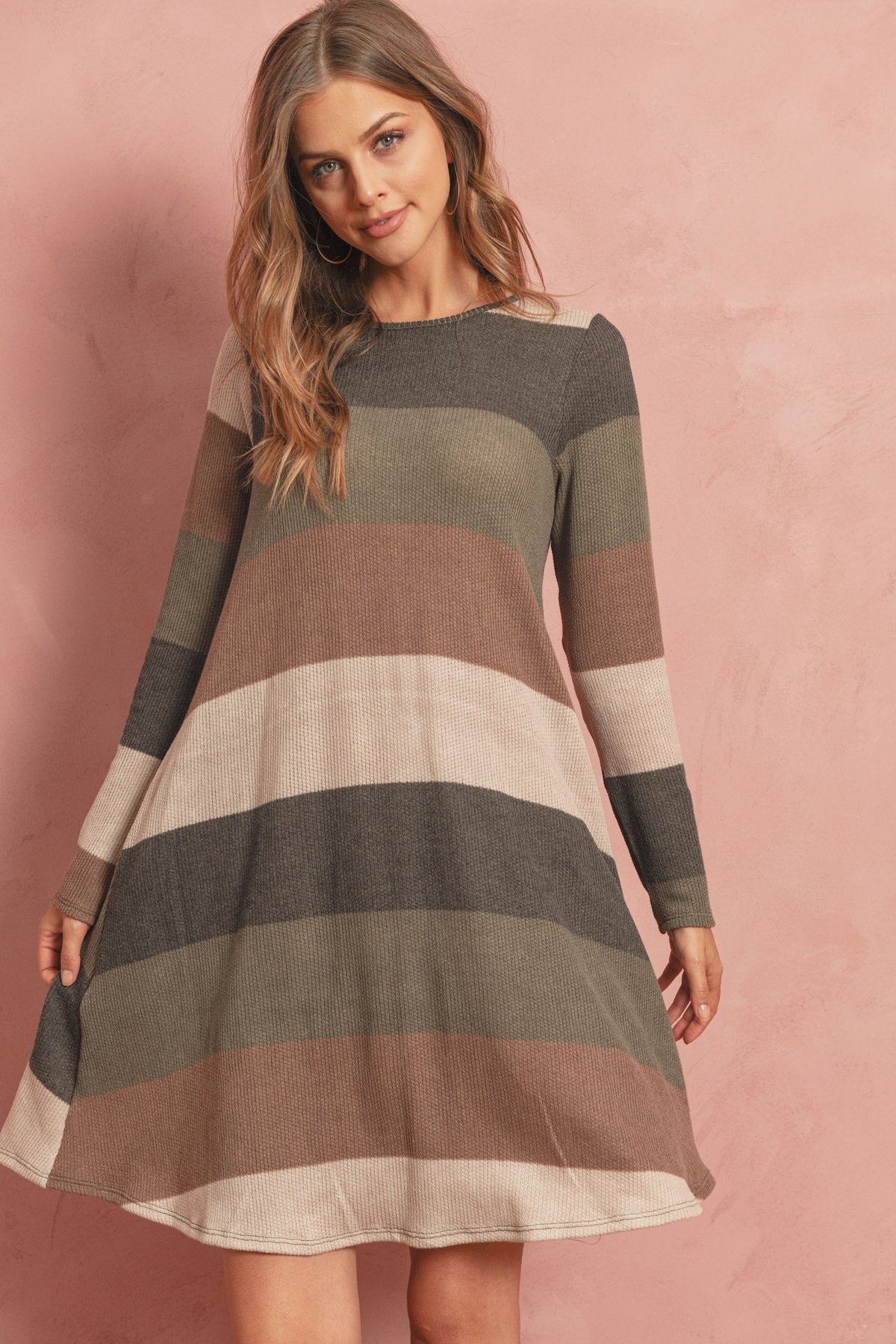 Riah Fashion - Long Sleeved Rib Stripe Pocket Dress - 3 COLORS -