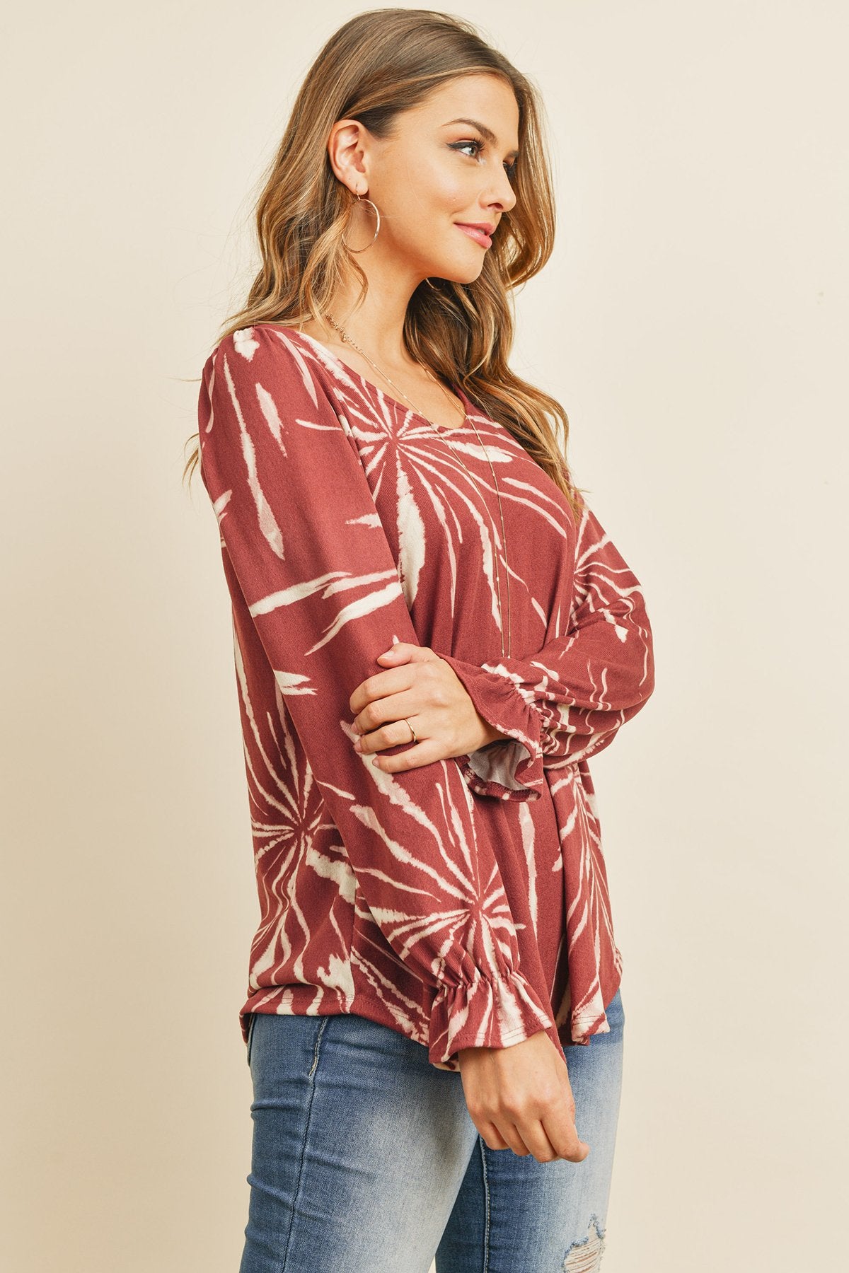 Riah Fashion - Tie Dye Ruffle Sleeve V-Neck Round Hem Top - 2 COLORS -