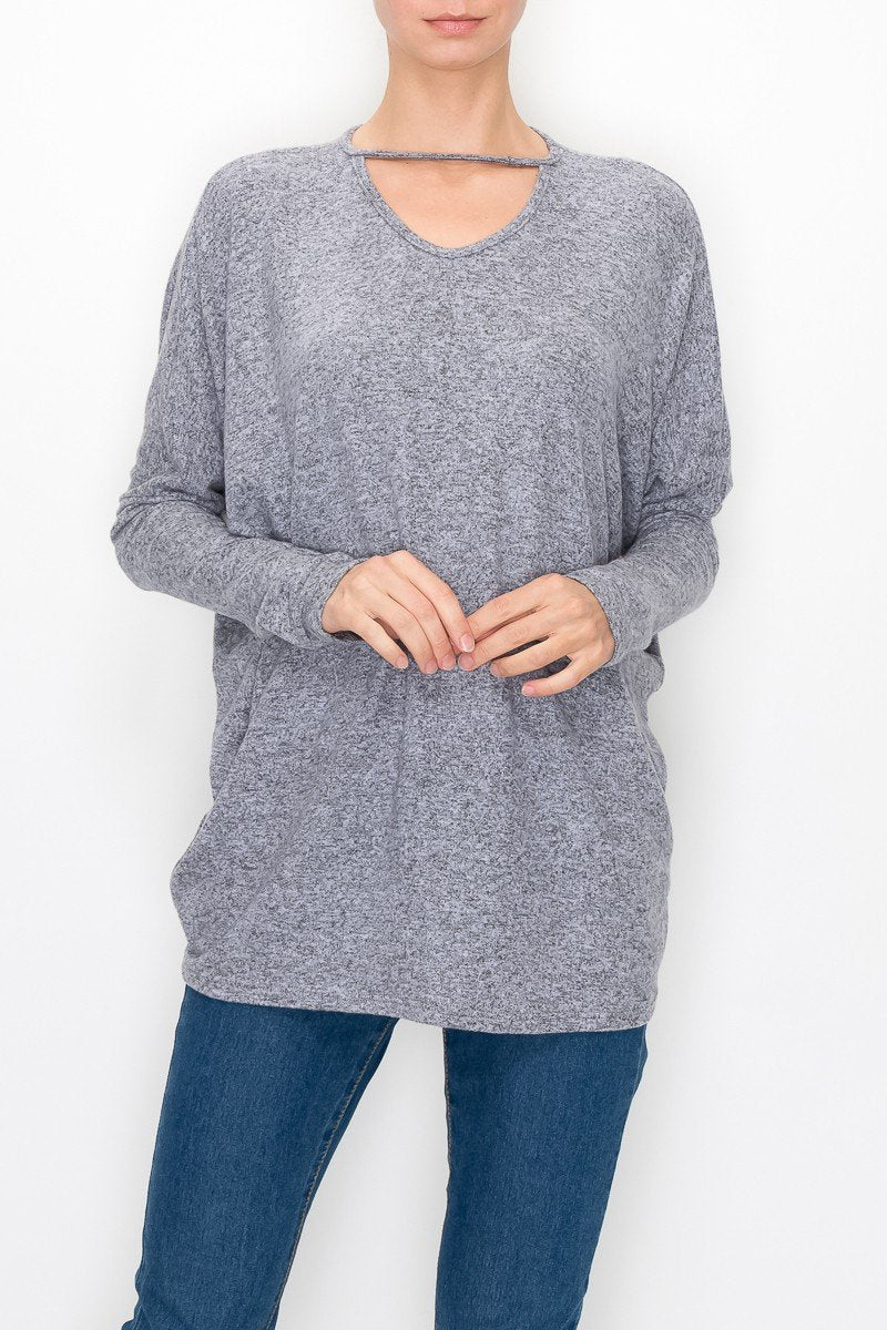 Stylespect - Cutout Front Long Sleeve Top - Grey - 1 COLOR -