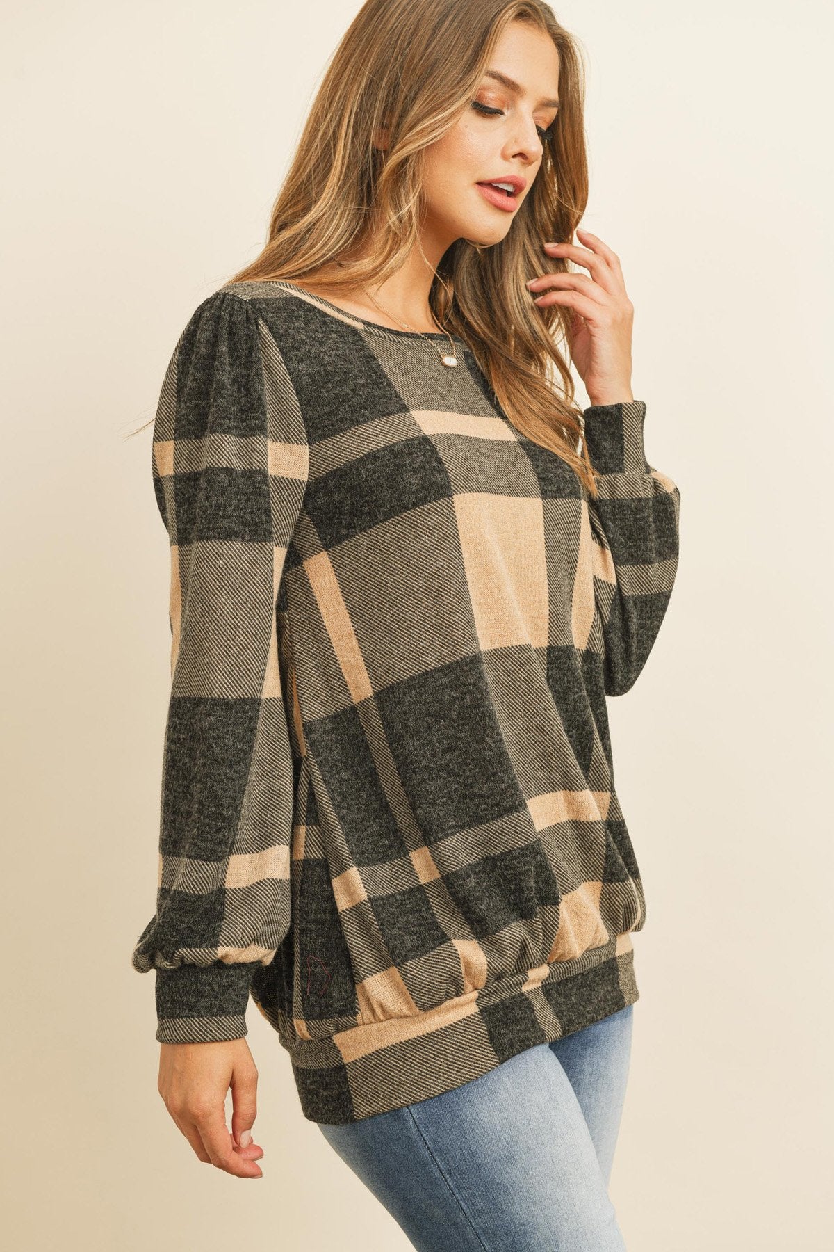 Riah Fashion - Plaid Round Neck Long Sleeve Top - 2 COLORS -