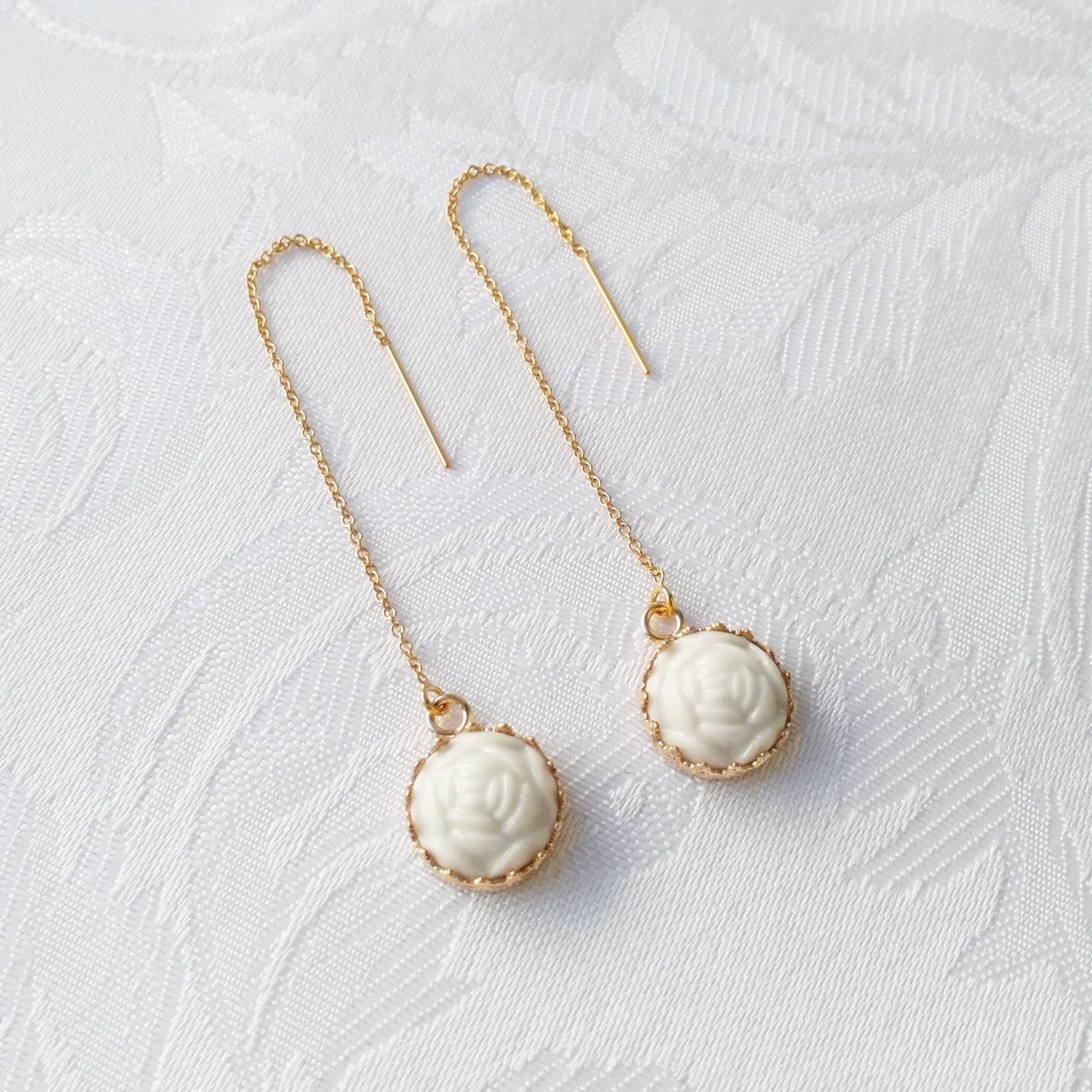 Mini Porcelain Rose With Gold-Filled Chain Earrings -