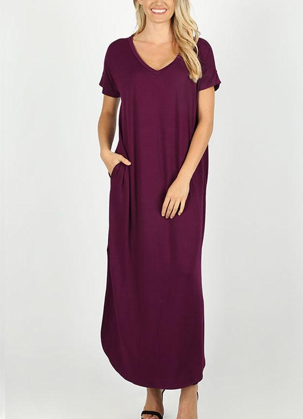 Riah Fashion - Short Sleeved Side Slit Oversized V-Neck Pocket Maxi Dress - 11 COLORS