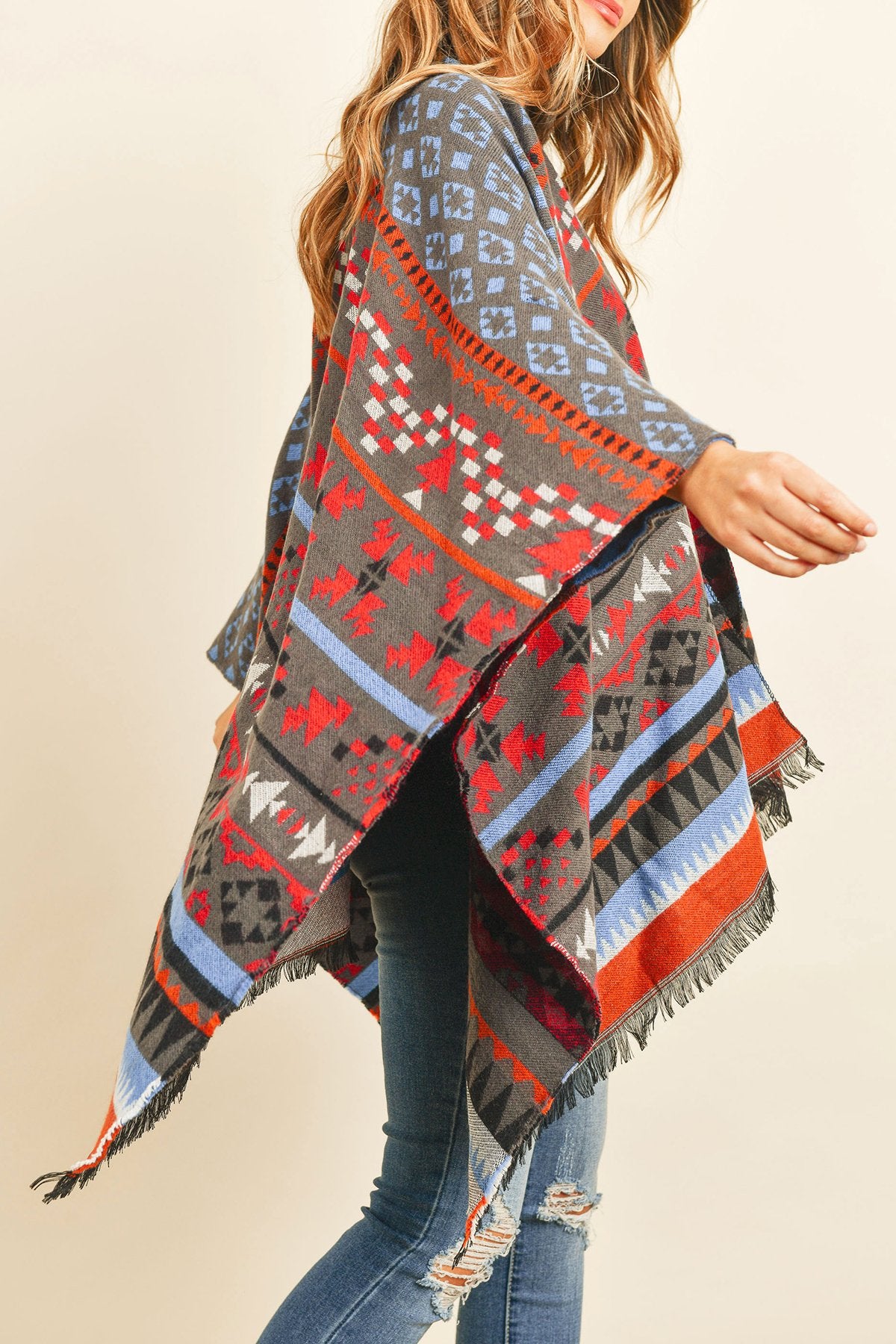 Riah Fashion - Native American Pattern Open Front Kimono - 1 COLOR -