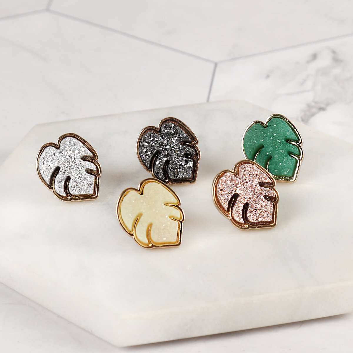 Metal Druzy Palm Leaf Post Earrings - 5 COLORS -